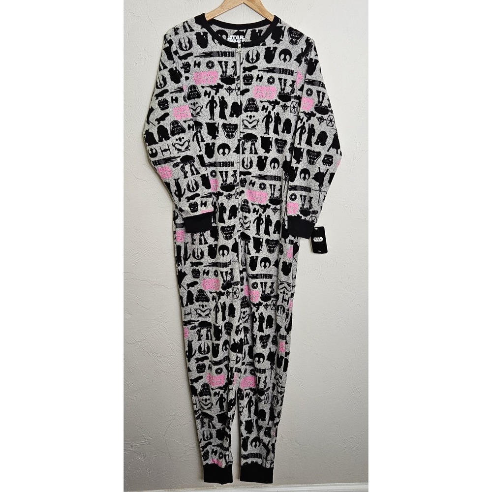 *NEW w/Tags Star Wars One Piece Pajama Zip Up For Adult Size S/M Gray Black Pink